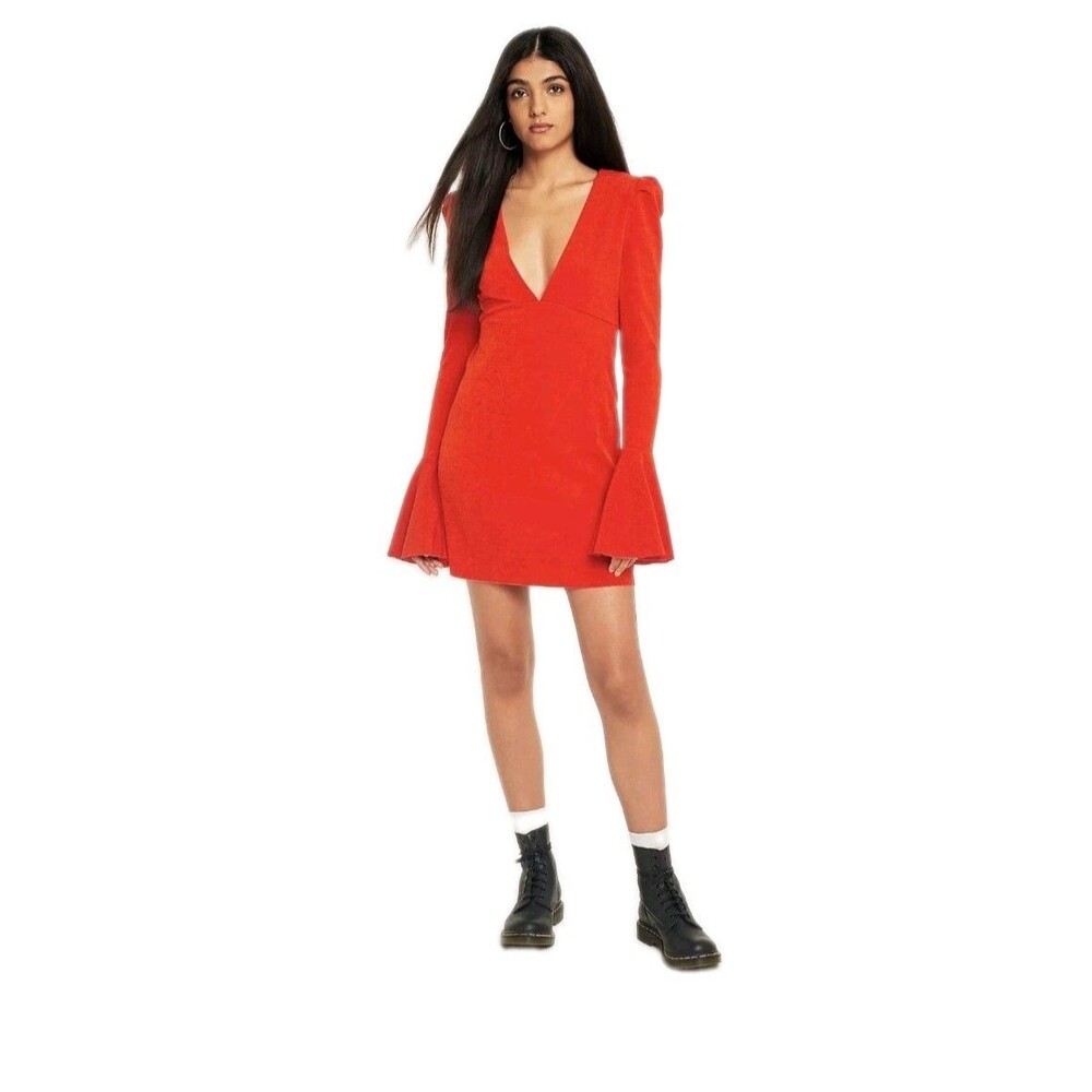Free People Talk About It Mini Dress Red Bell Sleeve V-Neck Stretch Size S EUC